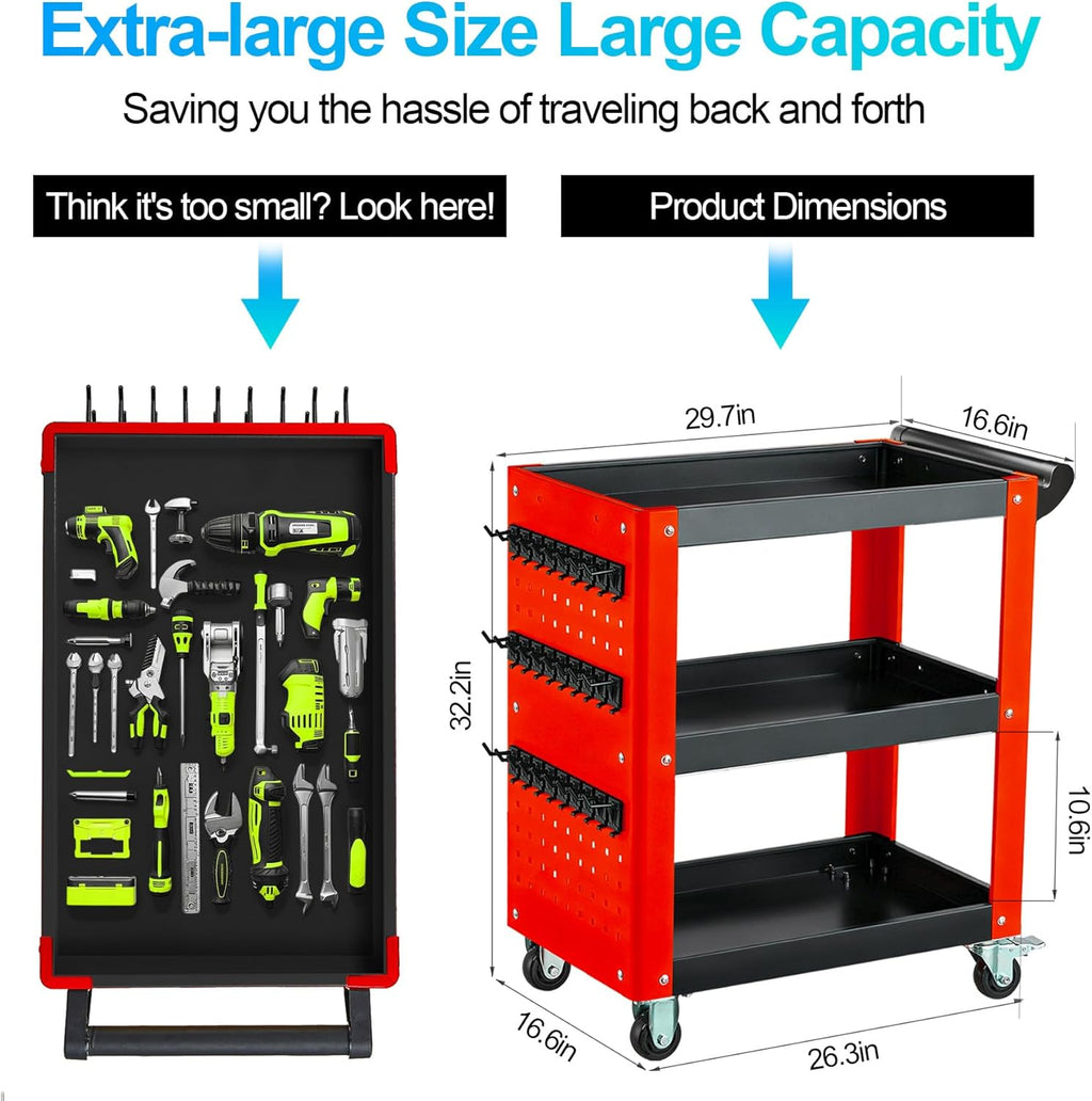 3-Tier Rolling Tool Cart with Pegboard, Heavy Duty Mechanic Utility Cart 1000LBS Load Capacity for Repair Shop, Garage, Warehouse & Workshop (Red & Black)