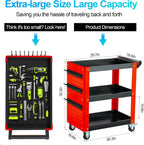 3-Tier Rolling Tool Cart with Pegboard, Heavy Duty Mechanic Utility Cart 1000LBS Load Capacity for Repair Shop, Garage, Warehouse & Workshop (Red & Black)