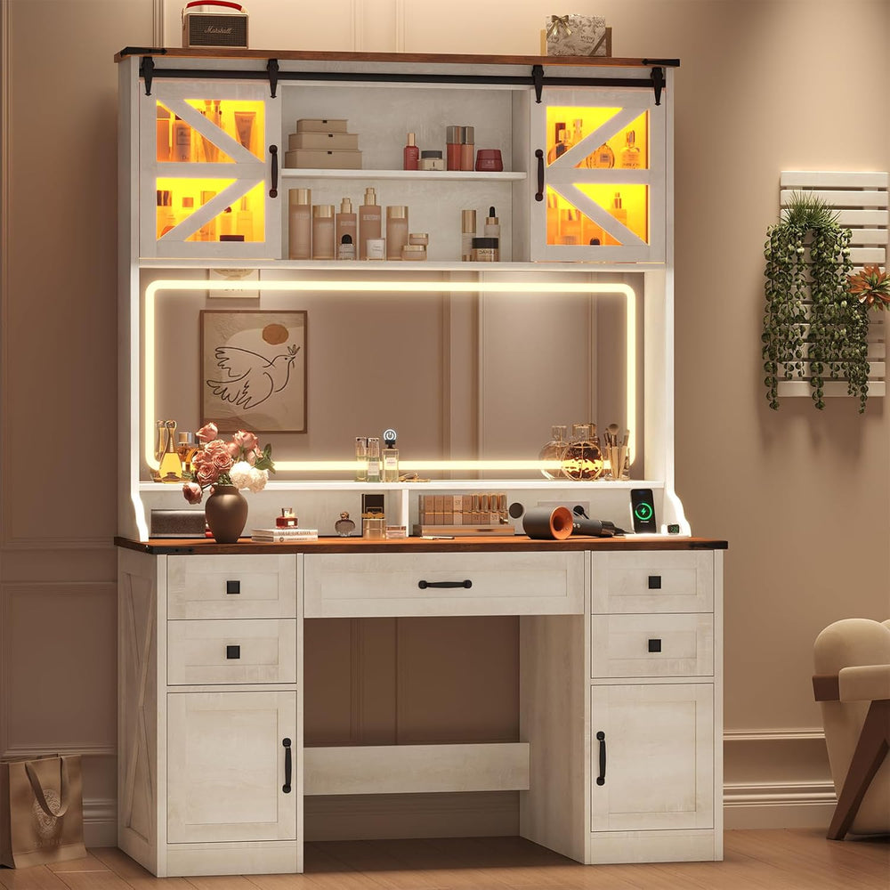 75.2" Farmhouse Makeup Vanity Desk with Large Mirror & Sliding RGB C...