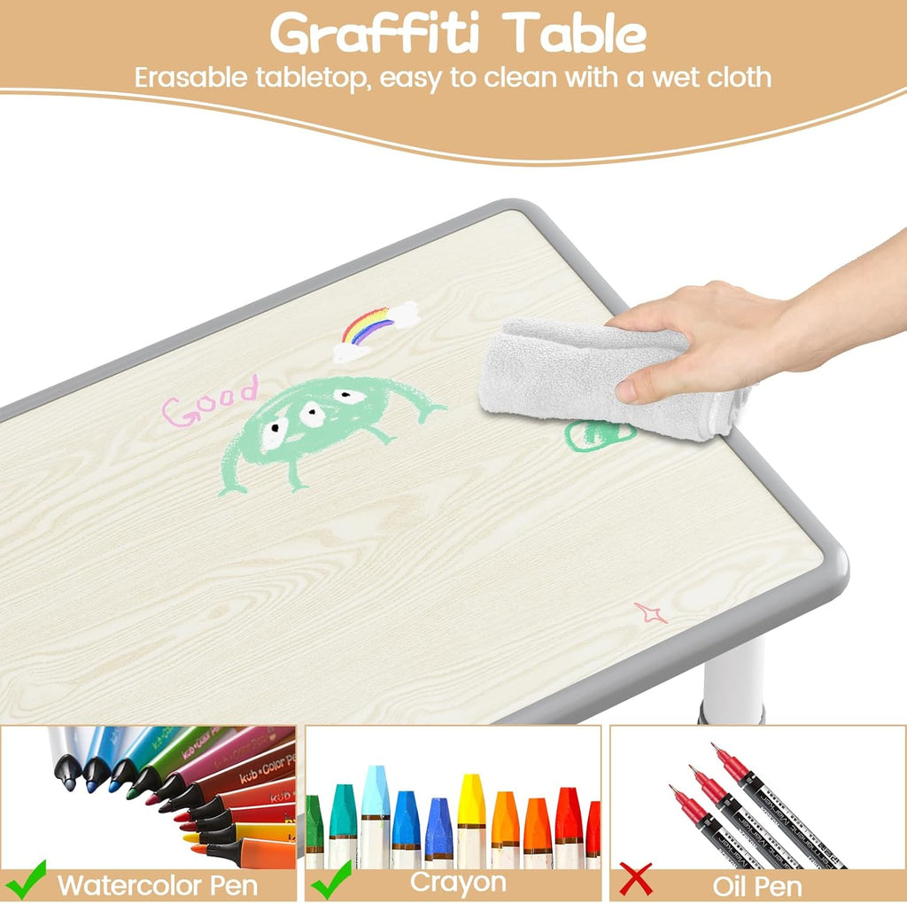 IDEALHOUSE Kids Table and 6 Chairs Set, 47" l x 24" w Height Adjustable Toddler Activity Table with Storage Boxes & 12 Water Pens, Wipe-Clean Wood Grain Desktop for Home Classroom Daycare Gray