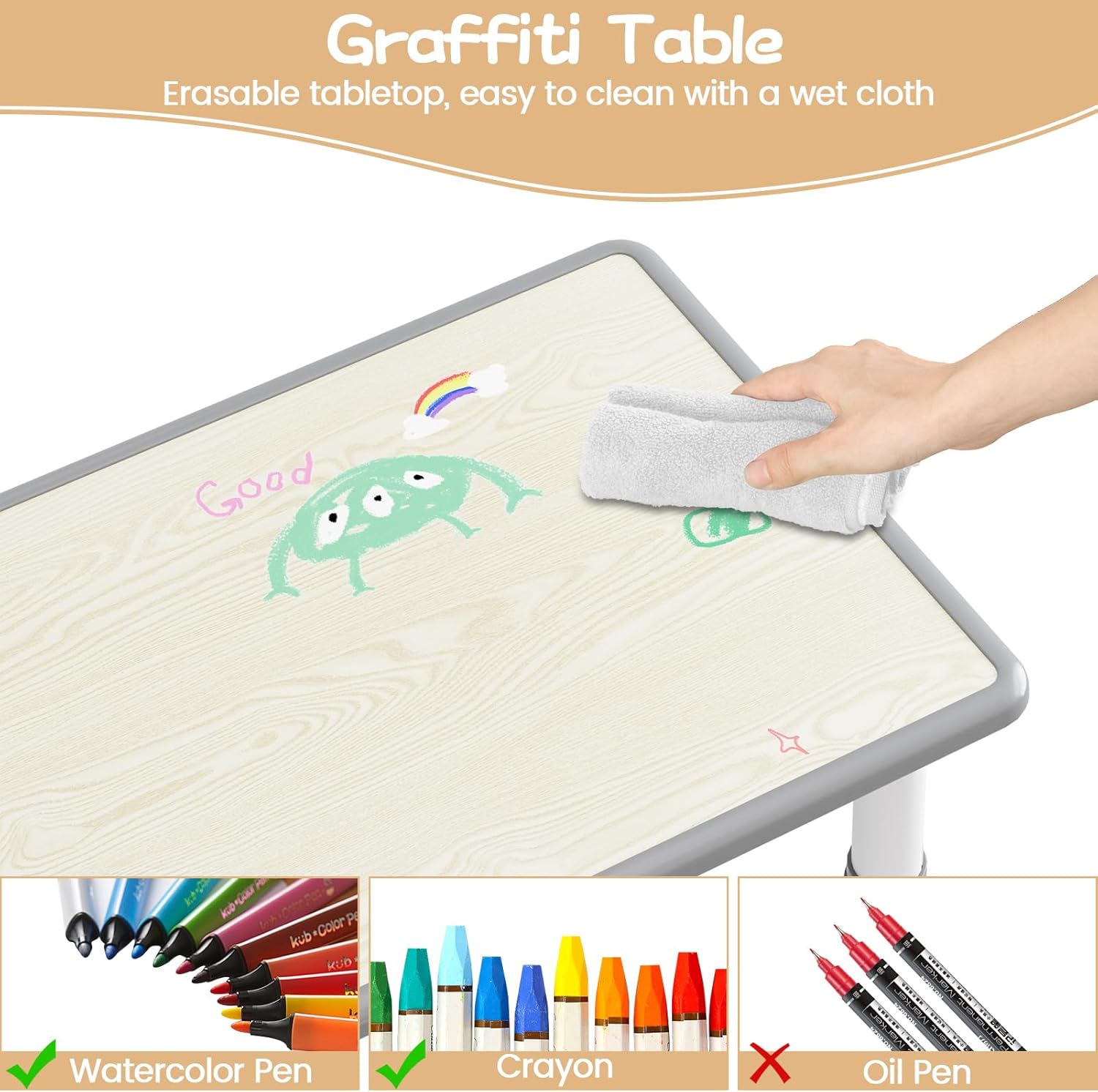 IDEALHOUSE Kids Table and 6 Chairs Set, 47" l x 24" w Height Adjustable Toddler Activity Table with Storage Boxes & 12 Water Pens, Wipe-Clean Wood Grain Desktop for Home Classroom Daycare Gray