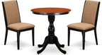 East West Furniture ESLA3-BCH-47 3 Piece Modern Dining Table Set Contains a Round Wooden Table with Pedestal and 2 Light Sable Linen Fabric Upholstered Chairs, 30x30 Inch, Black & Cherry