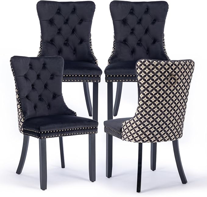 Velvet Upholstered Dining Chairs Set of 4, Modern Style Kitchen Side Chairs with Nailhead Trim and Wood Legs,Metal Pulling Ring for Dining Room Living Room(Quadrangular Star&Black)