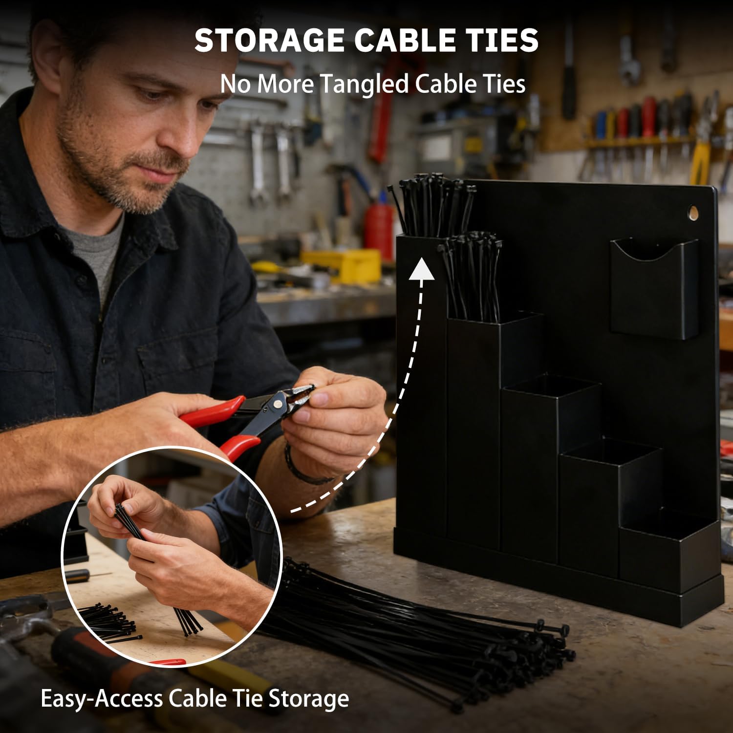 Zip Tie Organizer-Wall Mount Cable Zip Tie Storage Holder with a Plier-Multiple Sizes Organizer for Garage Workshop Tool Box (Black)