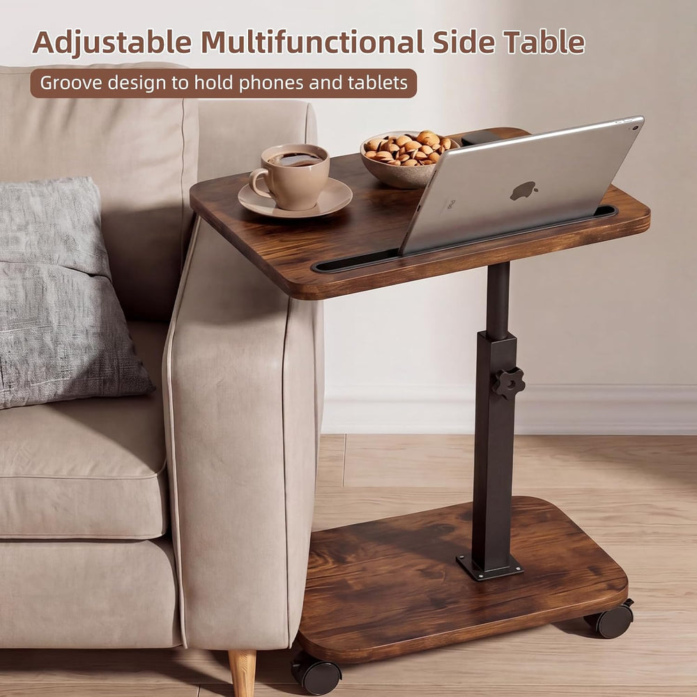 Adjustable TV Tray Side Table 360°Swivel Rolling, Rustic Brown | Adjustable H...