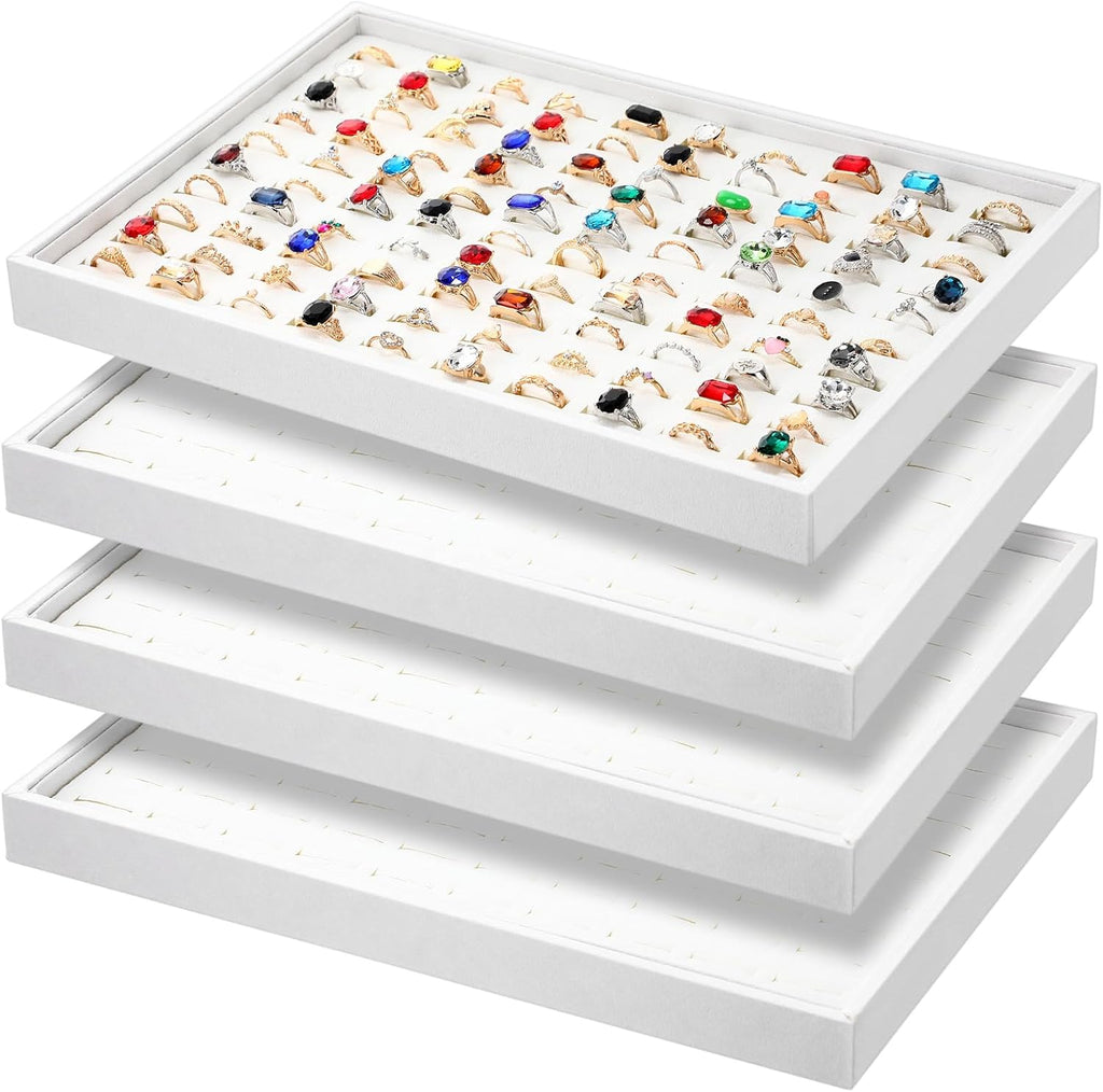 Wenqik 4 Pcs Cardboard Ring Holder with Velvet Lining, 100 Slot Inserts Stackable Ring Display Tray,13.8 x 9.4 x 1.2 inch (White)