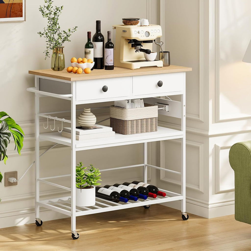 HOOBRO Kitchen Island with Storage, Rolling Island Cart for Kitchen with 2 Drawers & Outlet, 3 Tier Coffee Station and Microwave Stand, Kitchen Island Table for Home, Natural and White WN08UZD01