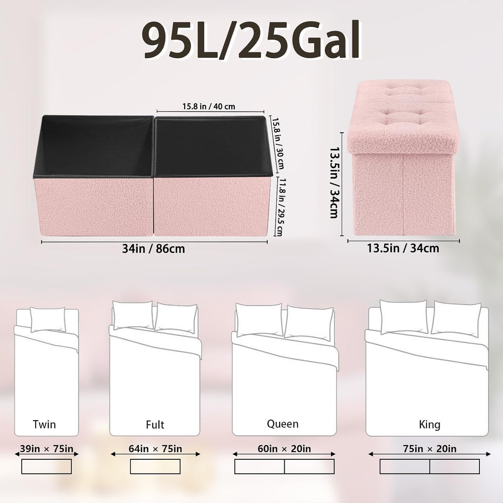 Storage Ottoman Bench, 34" Teddy Velvet Folding Foot Rest, Pink | Large ...