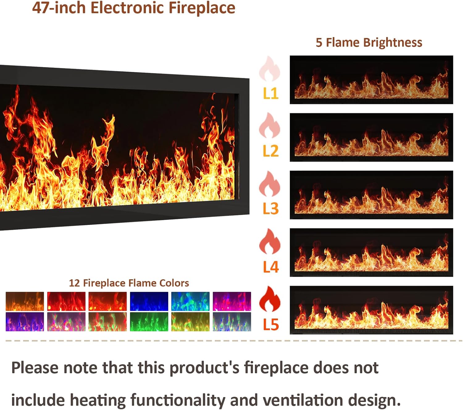 94.5" Fireplace TV Stand, Fluted TV Stands for Living Room, White | Entertainment Center with Unheated Electric Fireplace, 5 Flame Brightness & 12 Colors, Modern TV Consoles for Living Room