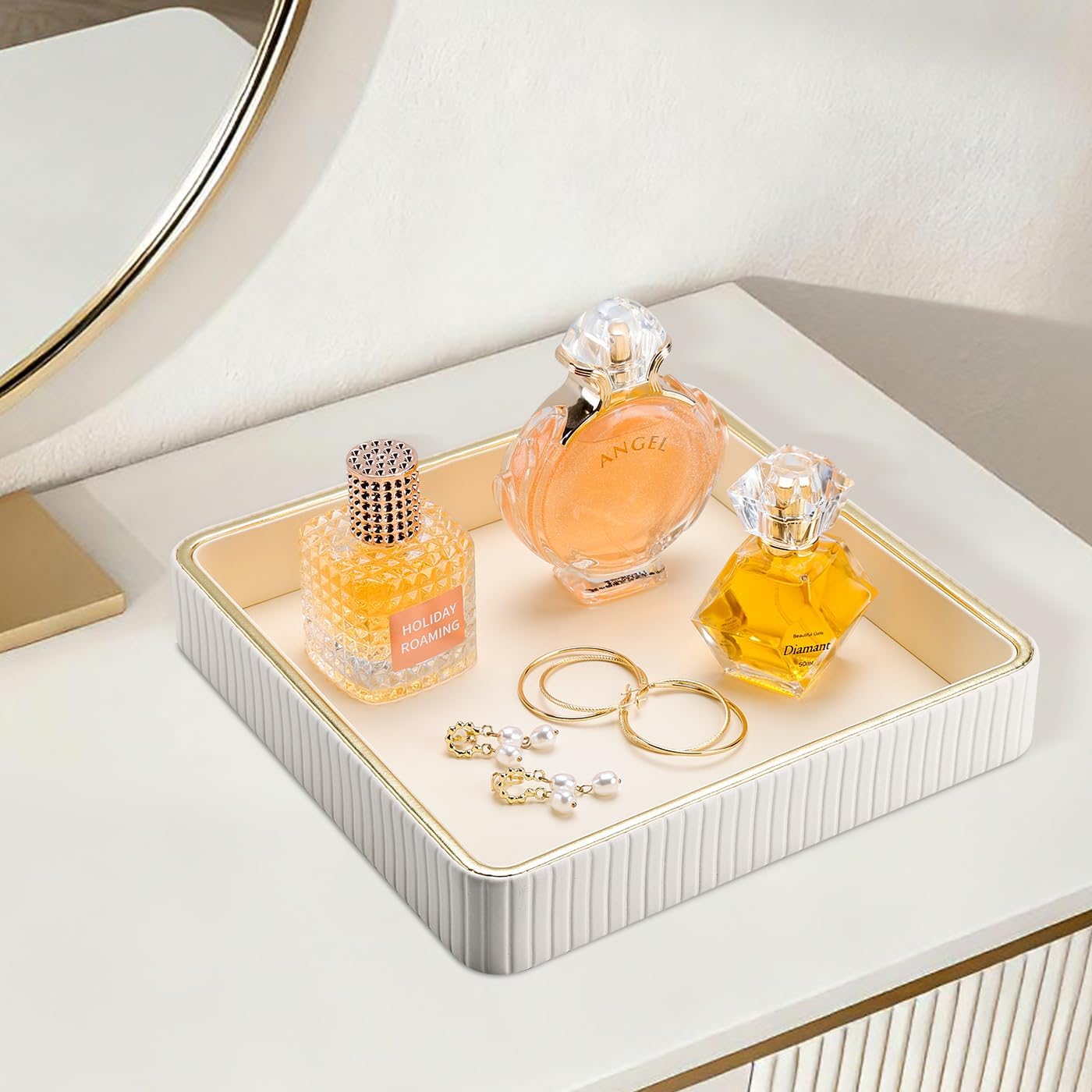 GORESE Square Nightstand Tray Perfume Organizer, Leather Decorative Tray, Purse Bowl Catch All Trays for Trinket Keys, Valet Jewelry Trays for Vanity, Gift for Women & Men, Cream White(9.3'' × 9.3'')