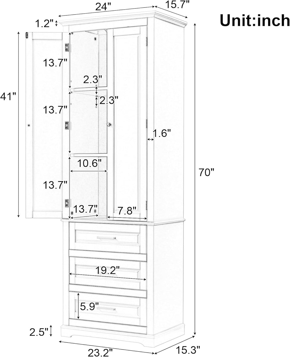 Merax 70" Pantry Cabinet with Two Doors & Three Drawer, Adjustable S...