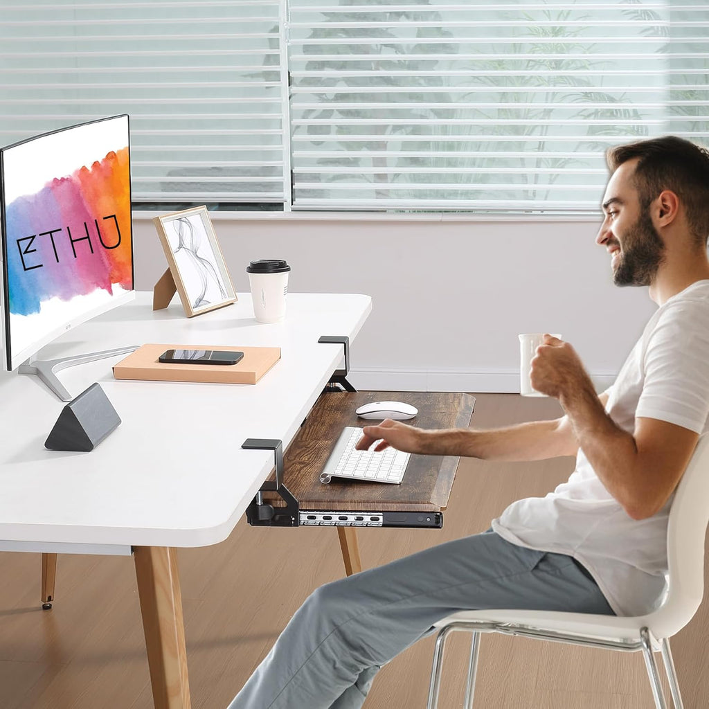 ETHU Keyboard Tray Under Desk, 19.7" X 12.2" Small Size C Clamp Keyboard Drawer Under Desk, Computer Keyboard Stand Slide Pull Out, Ergonomic Keyboard Tray for Home, Office (Wood)
