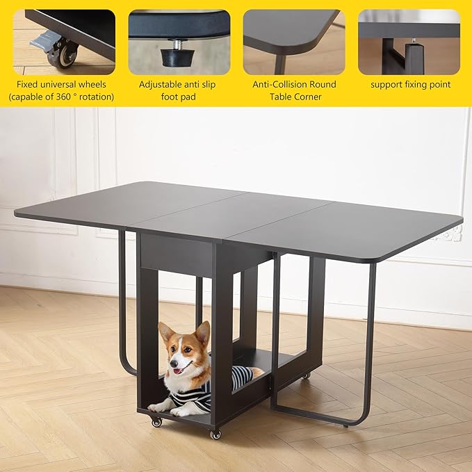 Folding table and chair set, dining table with extra large storage space and 4 universal wheels, matched with padded steel frame folding chairs, space-saving dining table and 4 chairs (White)