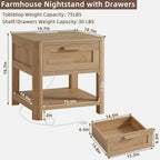 Joaxswe Farmhouse Side Table Set of 2 Living Room, Natural Wood | Small Nightstand with 1 Drawers & Open Shelving & 4 Thickened Table Legs & Rounded Corners