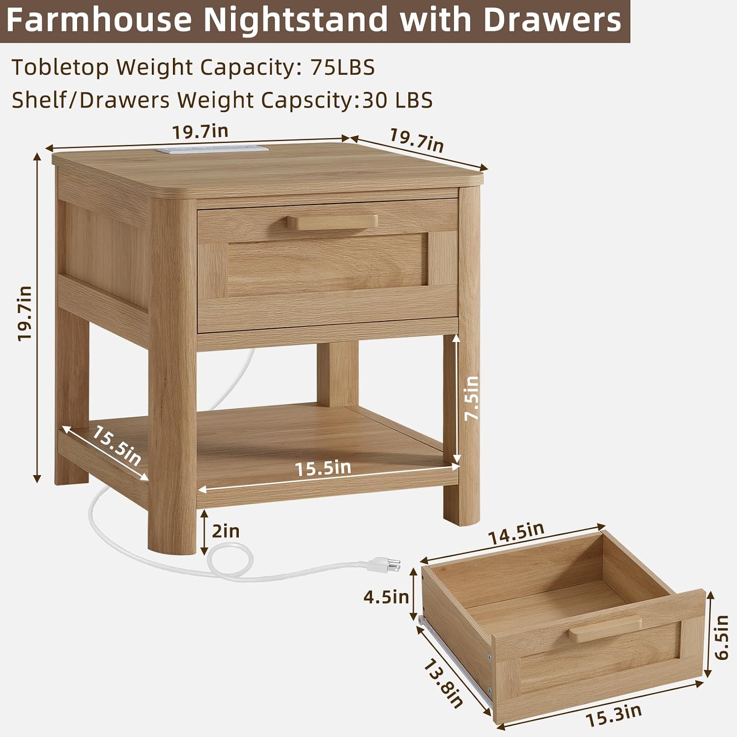 Joaxswe Farmhouse Side Table Set of 2 Living Room, Natural Wood | Small Nightstand with 1 Drawers & Open Shelving & 4 Thickened Table Legs & Rounded Corners