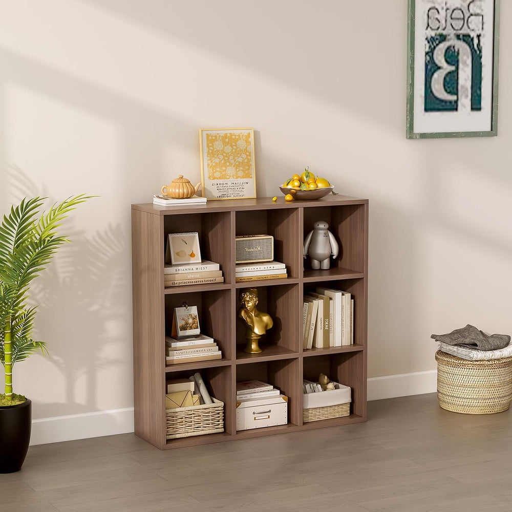 9-Cube Storage Shelf Bookcase - Wooden 3-Tier Floor Standing Open Bookshelf f...
