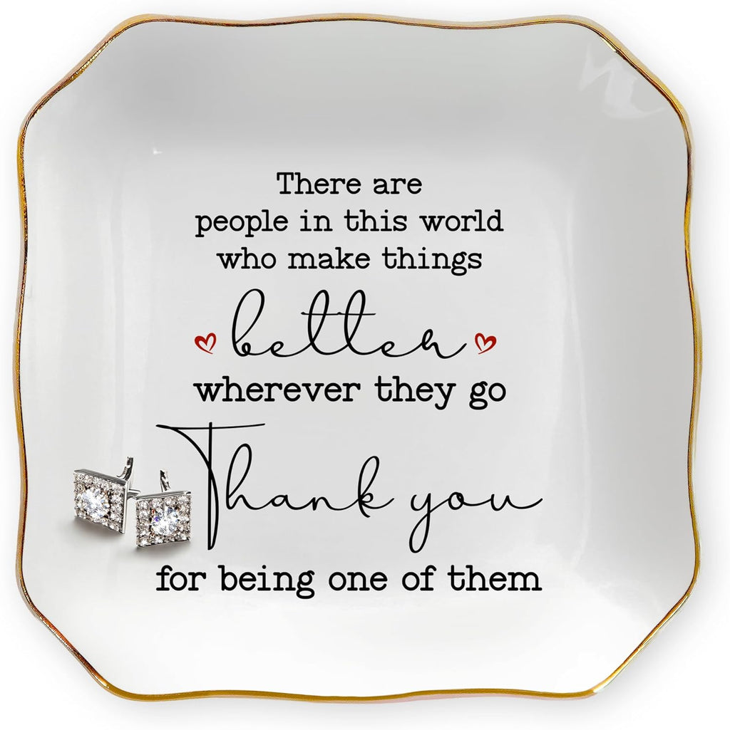 OASSIE Thank You Gifts for Women - 4"x4" Ceramic Jewelry Dish Tray | Gifts for Women, Appreciation Decor, Gold Trim Design, Ring Dish for Women, Polished Finish, Ready to Gift