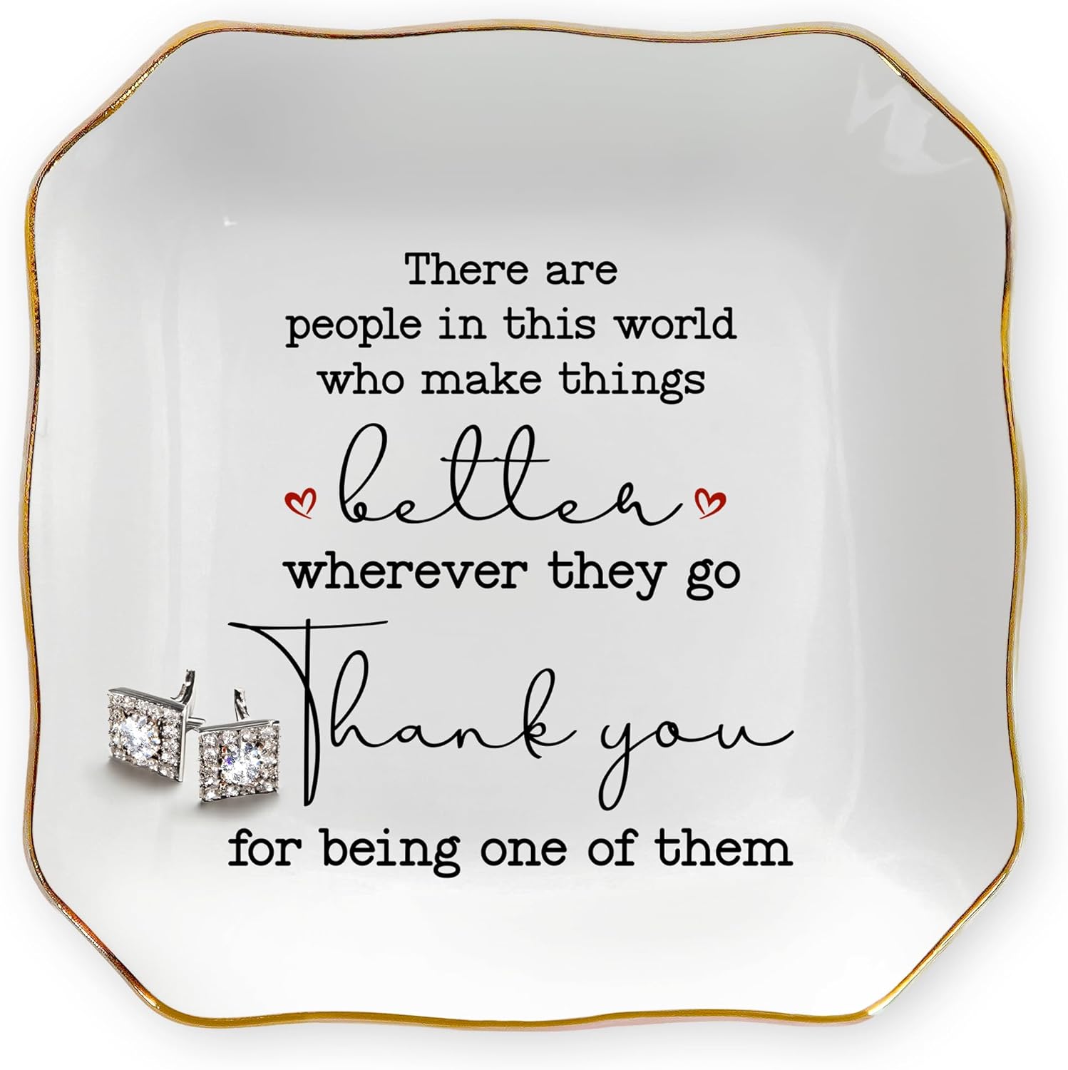 OASSIE Thank You Gifts for Women - 4"x4" Ceramic Jewelry Dish Tray | Gifts for Women, Appreciation Decor, Gold Trim Design, Ring Dish for Women, Polished Finish, Ready to Gift