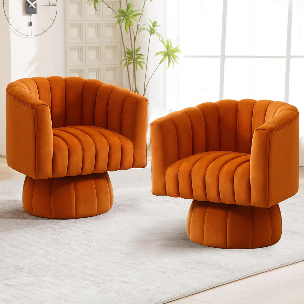 Swivel Accent Barrel Chair, Cute Comfy Small Round 360° Arm Chair, Velvet Sofa Club Reading Chair for Living Room, Bedroom, Office, Orange