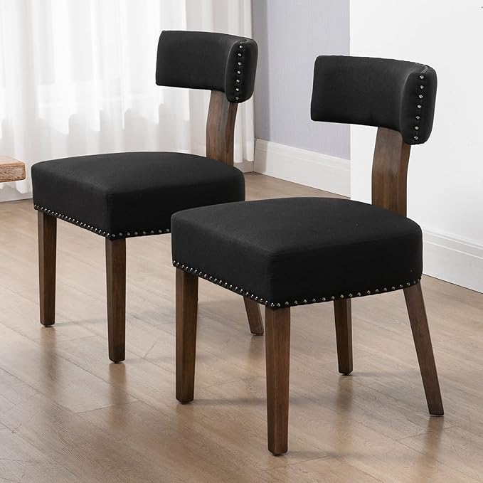 Upholstered Wooden Farmhouse Dining Chairs Set of 6, Mid-Century Modern Fabric Dining Room Chairs with Wood Legs, Curved Backrest Kitchen Armless Accent Chairs for Living Room, Black