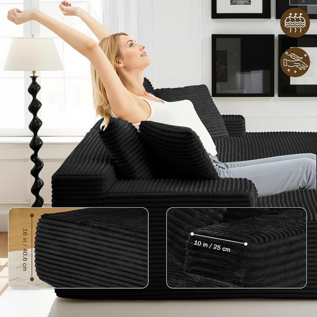 83” Oversized Double Chaise Lounge Chair Boneless Cloud Sofa Bed,Black | Double Lounge Chaise, Boneless Loveseat Sofa, Corduroy Chaise Lounge, Deep Seat Sleeper Couch for Living Room, No Assembly