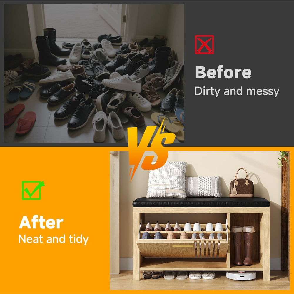 UNIQUITE 40" Shoe Storage Bench with Flip Drawers & Padded Seat Cush...