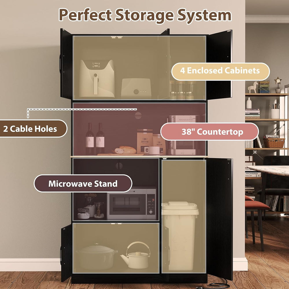 LOKO 71” Tall Kitchen Pantry Cabinet with Charging Station, Wooden Buffet Cup...