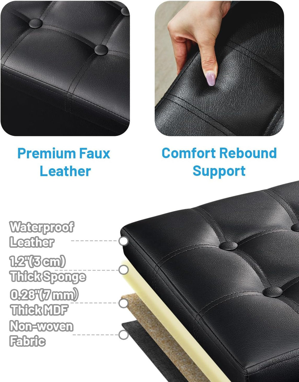 AmasSmile Storage Ottoman Folding Foot Rest Stool, Leather Footstool Bench, S...