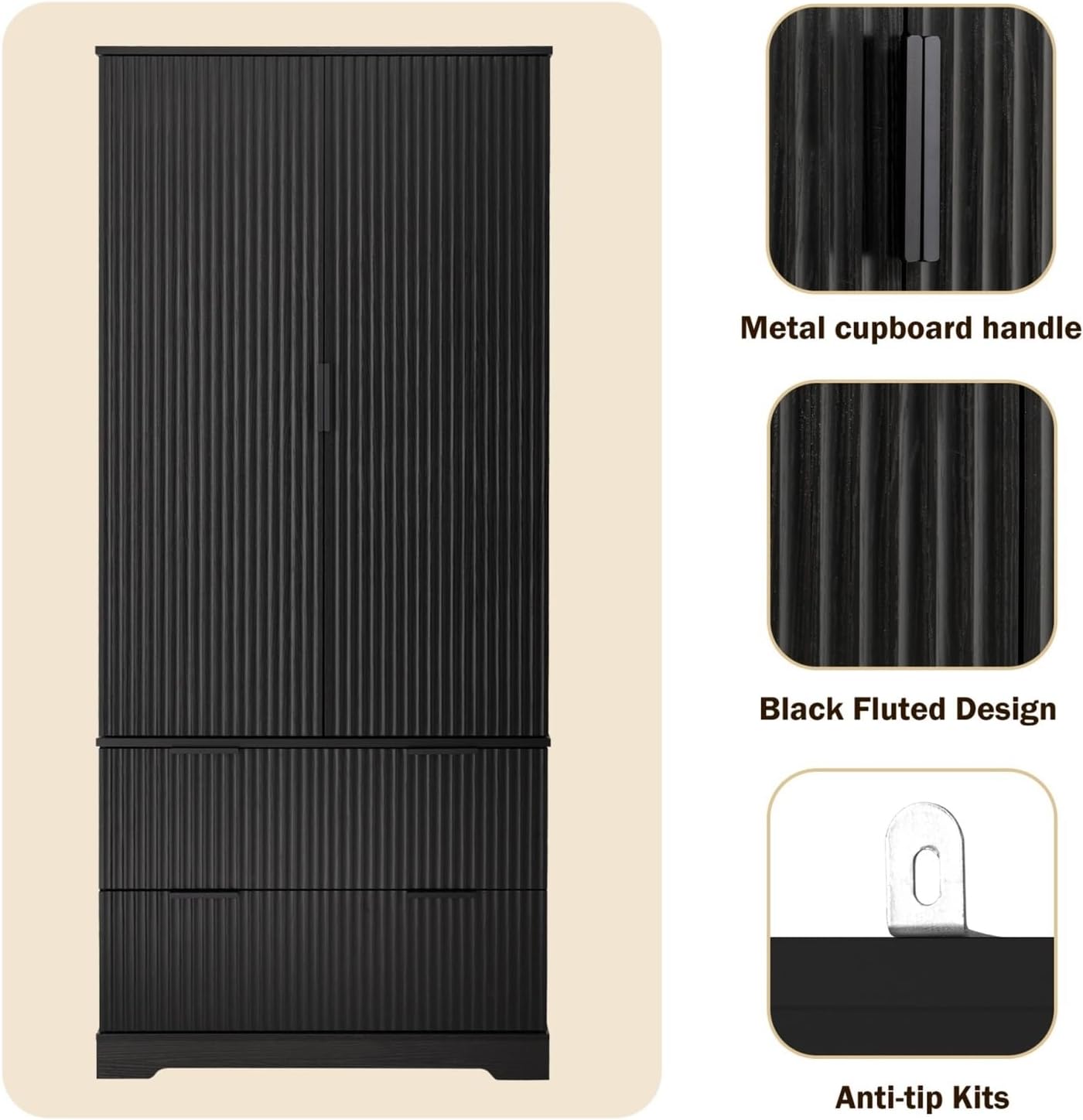 72" Modern Fluted Kitchen Pantry Cabinet with 2 Large Drawers & 8-Door Spice Rack, Freestanding Storage Organizer for Bathroom, Dining Room, Office, Entryway, White/Black,for Kitchen