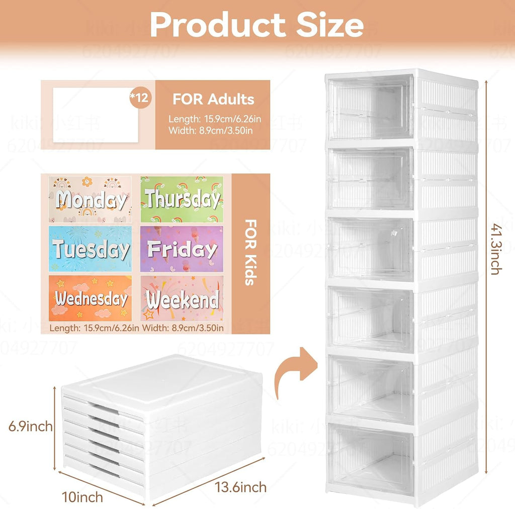 6 Shelf Weekly Clothes Organizer for Kids, Foldable Days of the Week Clothes Organizer with 18 Labels, Monday Through Weekend Essential Stuff Shoe Organizer, Kid Habit & Creativity Training