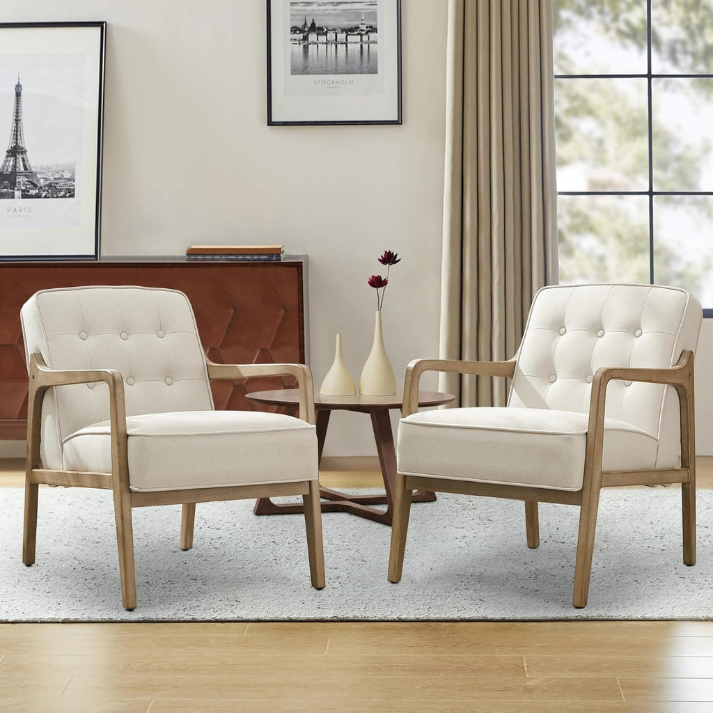 SOFTHION Linen Mid Century Modern Chair with Solid Wood Frame 2-Pack, White | Upholstered Tufted Leisure Chair Reading Side Chair with Armrest, 105°Ergonomic Comfort for Living Room, Bedroom & Balcony