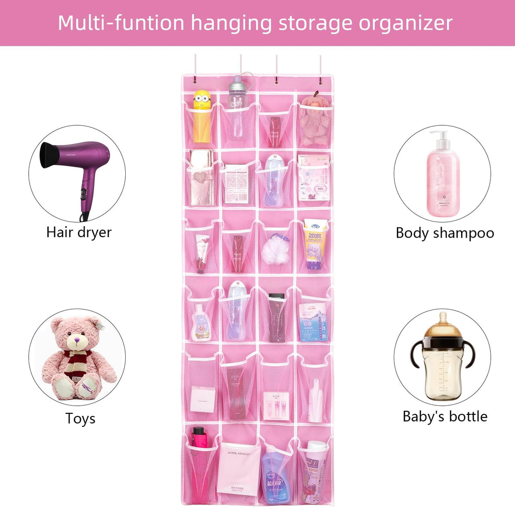 2 Pack Hanging Shoe Organizer，Over Door Shoe Organizer with 24 Mesh Large Pockets Shoe Storage Bag for Sport Shoes Size:58x21 Inch Hanging Door Shoe Rack Organizer (Pink-2pack)