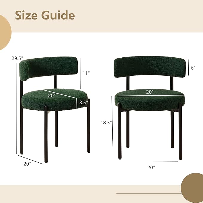 Boucle Dining Chairs Set of 2, Green Dining Chairs with Upholstered Seat and Round Back, Mid-Century Modern Kitchen Chairs for Dining Room, Restaurant