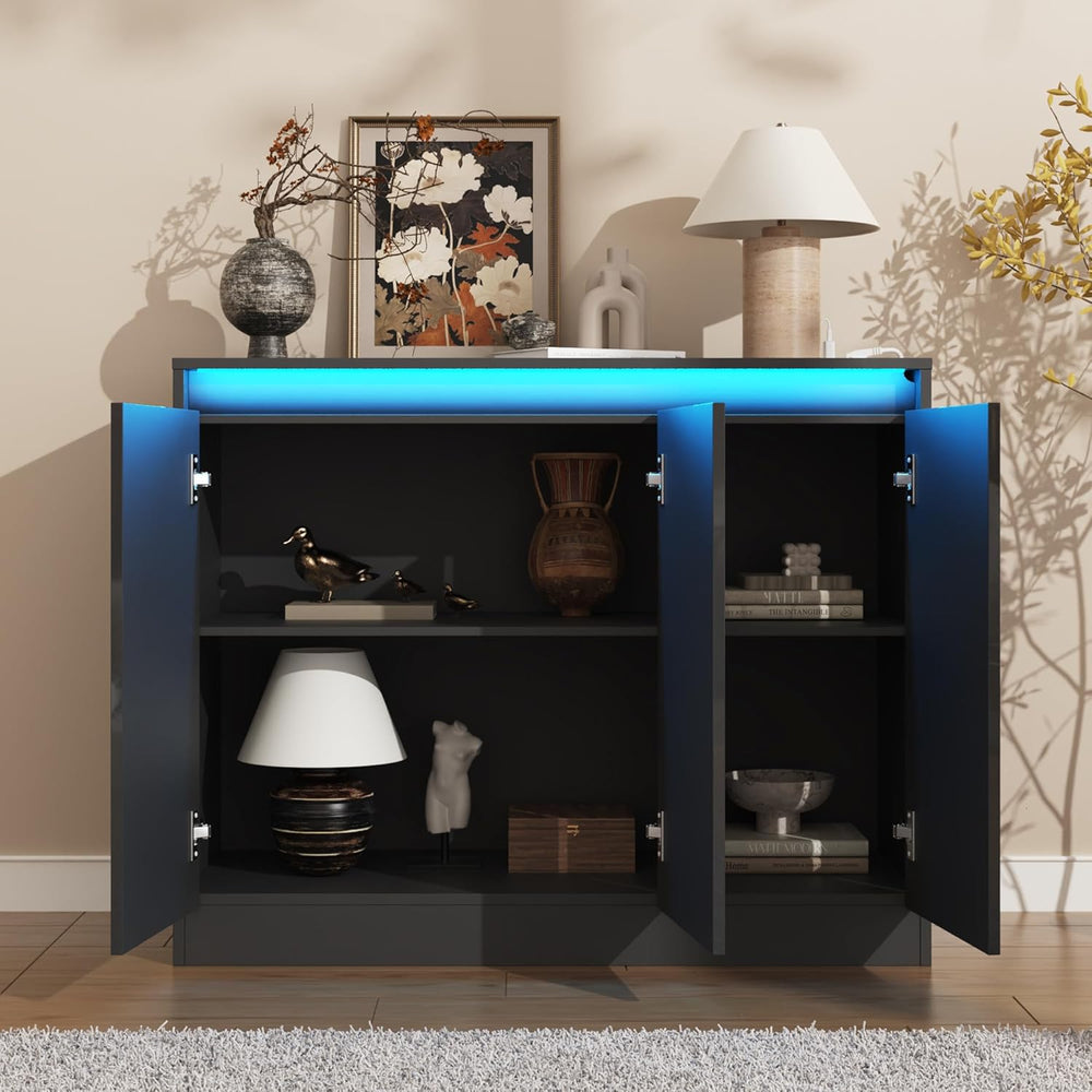Furnify High Gloss Buffet Cabinet with LED Lights, Modern Sideboard Coffee Ba...