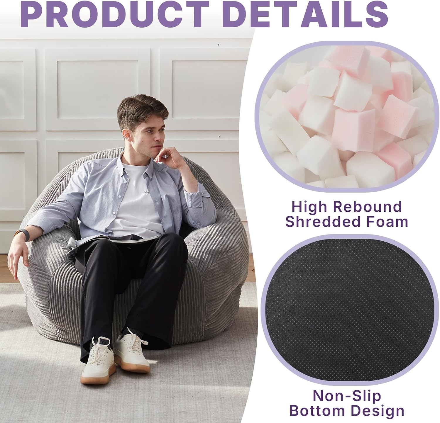 EBENCHICO Bean Bag Chair for Adults, Corduroy Large Bean Bag Chairs for Teens, Comfy Giant BeanBag Sofa Couch with Filler, Reading Chair Floor Sofa for Living Room Bedroom Dorm