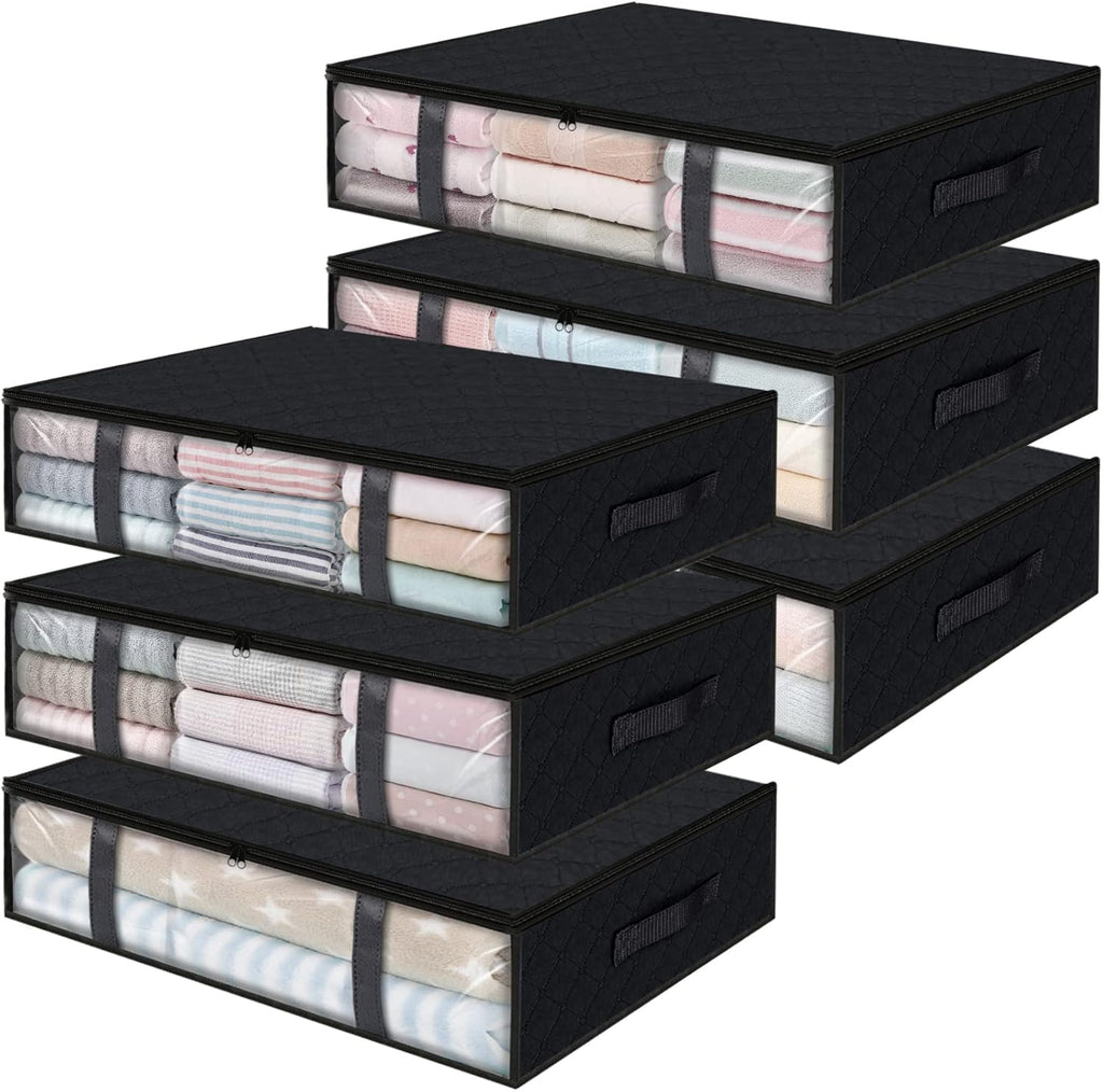 StorageRight Under Bed Storage Bins, 6-Pack 40L Foldable Fabric Storage Bags with Transparent Window, Breathable Organizer for Clothes/Blanket/Comforter/Quiltr, Black