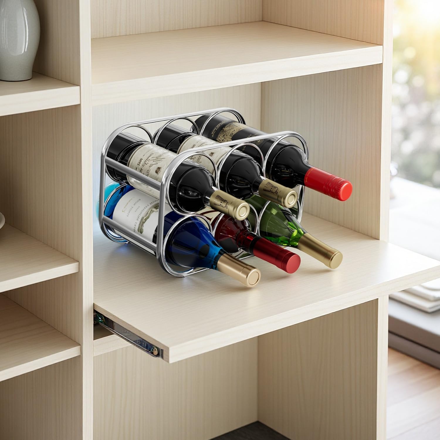 Buruis 6-Bottle Countertop Wine Rack, Metal Wine Bottle Holder, Chrome | No Assembly Required, Space-Saving Wine Storage, Kitchen Bar Organizer, Red & White Wine Display, Modern Home Decor
