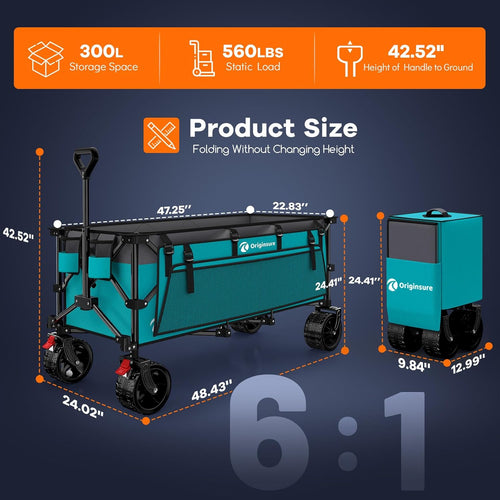 48" L Collapsible Beach Wagon Cart Foldable, 560LB Weight Capacity 300L Heavy Duty Folding Wagons with Big All-Terrain Wheels, Utility Carts for Groceries, Shopping, Camping, Sports - Grey&Turquoise