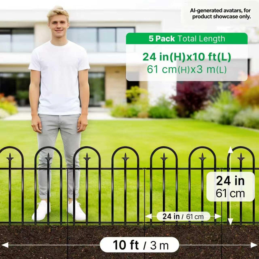 ARIFARO 24" H x 24" W No Digging Garden Fence, 5 Panels 10ft Black ...