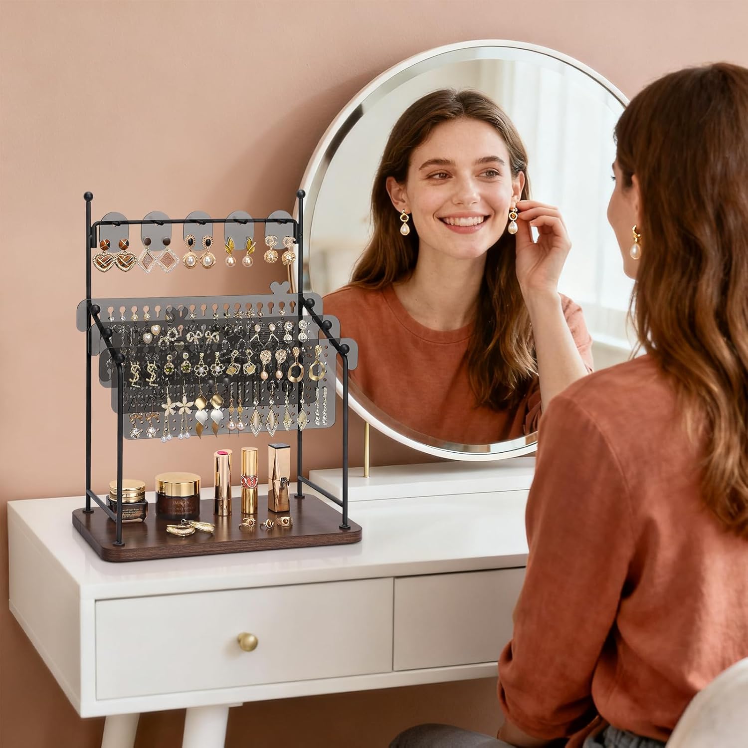 Earring Organizer, Earring Holder Display Stand with 3 Earring Storage Pegboards 568 Holes, Jewelry Organizer with Hook Rack for Stud Earrings Necklace, Acrylic Large Jewlery Hanger Towers for Women
