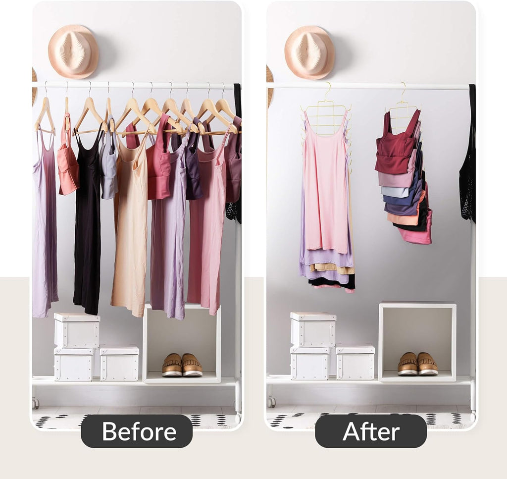 ZEDODIER 4 Pack Tank Top Hanger Space Saving, Bra Hangers for Closet Organizer, Hanging Bra Organizer Tank Tops Holder with 32 Hooks, Metal Closet Organizers and Storage Small Space Solutions, Gold