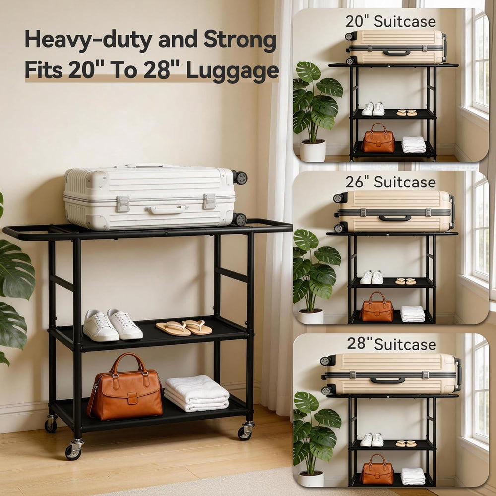Luggage Rack for Guest Room, 3-Tier Rolling Suitcase Stand with Wheels | Meta...