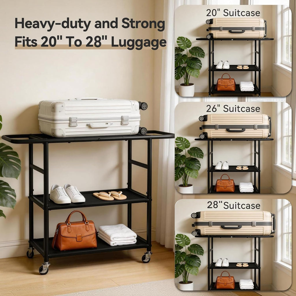 Luggage Rack for Guest Room, 3-Tier Rolling Suitcase Stand with Wheels | Metal Luggage Stand with Storage Shelf, Black Heavy Duty Luggage Holder for Home/Bedroom/Hotel, Easy to Assemble