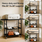 Luggage Rack for Guest Room, 3-Tier Rolling Suitcase Stand with Wheels | Metal Luggage Stand with Storage Shelf, Black Heavy Duty Luggage Holder for Home/Bedroom/Hotel, Easy to Assemble