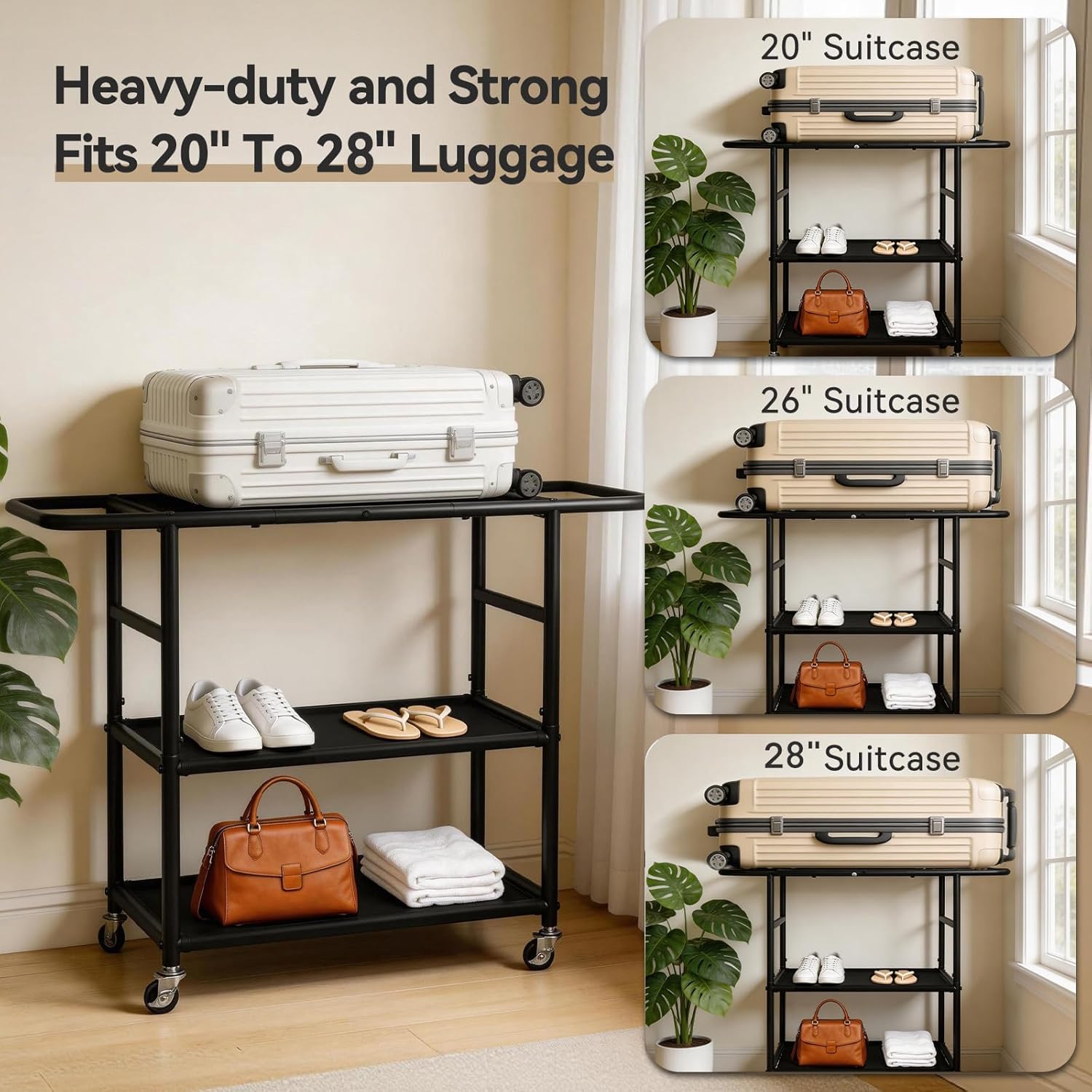 Luggage Rack for Guest Room, 3-Tier Rolling Suitcase Stand with Wheels | Metal Luggage Stand with Storage Shelf, Black Heavy Duty Luggage Holder for Home/Bedroom/Hotel, Easy to Assemble