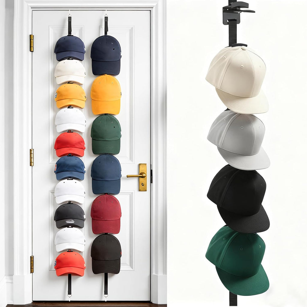2Pack Hat Organizer for Baseball Caps, Hat Rack for Wall with Display Hooks - Organizador de Gorras for Closet Door, Bedroom and Entrance (Black)