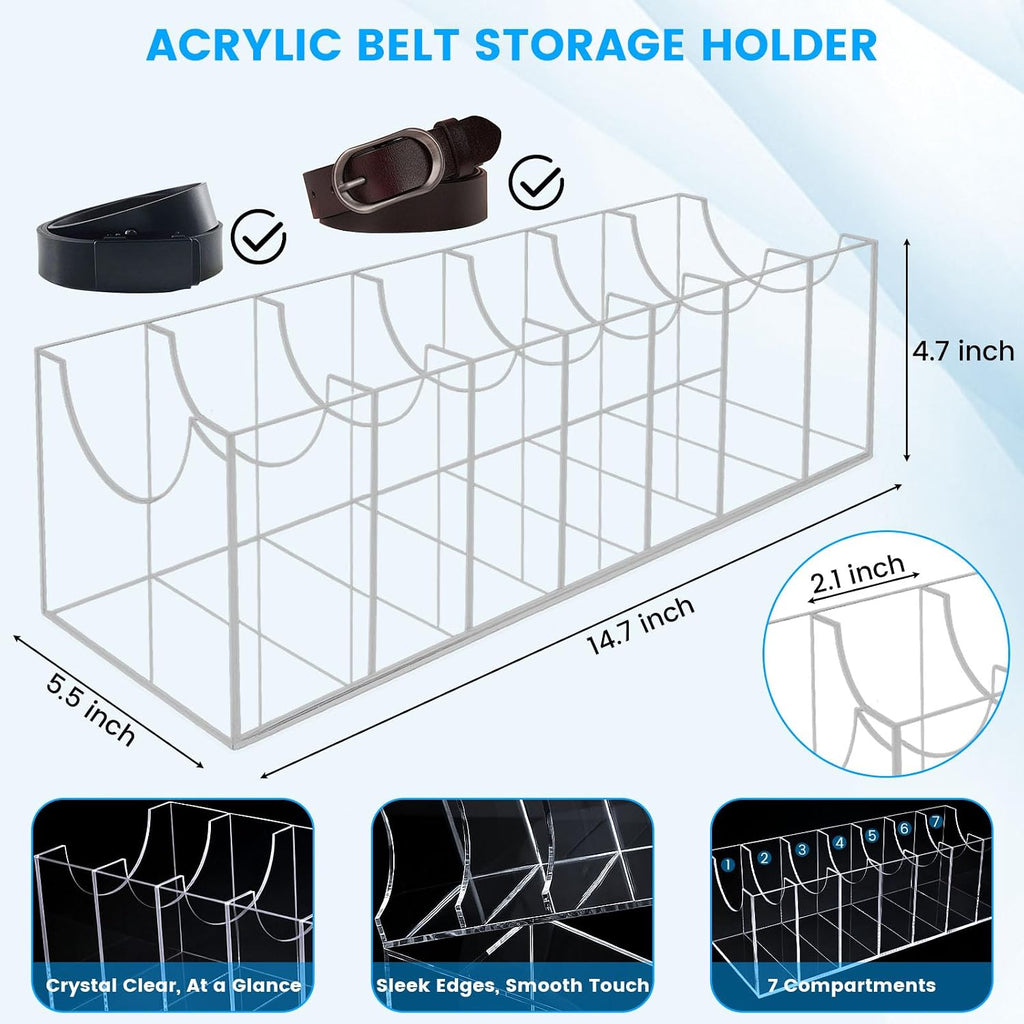 Belt Organizer, Acrylic Belt Storage Holder for The Closet 7 Compartments Display Case for Tie and Bow Tie