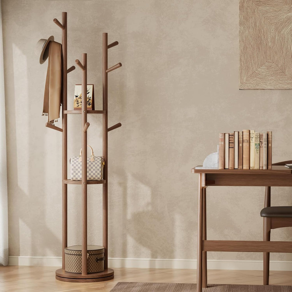 Muwuele Solid Wood Rotary Coat Rack, Freestanding Coat Rack with 3 Shelves and 9 Hooks, Coat tree for Bedroom, Entryway, Livingroom, Coat Hanger Stand for Coats, Scarves, Handbags (Walnut)