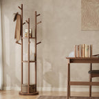 Muwuele Solid Wood Rotary Coat Rack, Freestanding Coat Rack with 3 Shelves and 9 Hooks, Coat tree for Bedroom, Entryway, Livingroom, Coat Hanger Stand for Coats, Scarves, Handbags (Walnut)