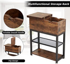 Flip Top End Table for Living Room, 28 inch Side Table, 12" D x 24" W x 28" H, Narrow Side Table with Drawer, 8.4" Deep Drawer, End Table with Charging Station, Steel X-Shaped Frame, Rustic Brown